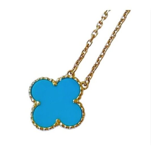 Gold Plated Flower Pendant Necklace With Blue Enamel Charm For Women - Picture 2 of 3